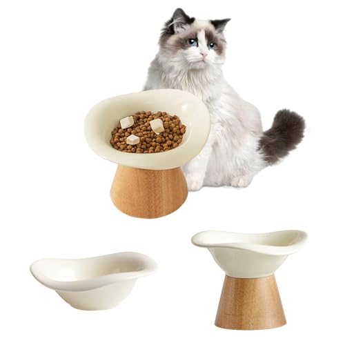 Katzennäpfe Erhöht aus Keramik mit Holzständer, Erhöhter Katzennapf für Fressnapf und Wassernapf, Nackenschutz Design, Napferhöhung Katzen für Katzen, Hunde und Welpen, 250ML (Weiß) von KoolYouth