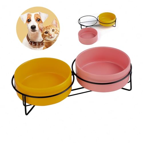 Erhöhter Hundenapf aus Keramik mit Napfständer, 2er Set Futternapf Hunde Erhöht für Fressnapf und Wassernapf, Nackenschutz Design, Hund Napfset für Katzen, kleine Hunde und Welpen, 400ML (Rosa+Gelb) von KoolYouth