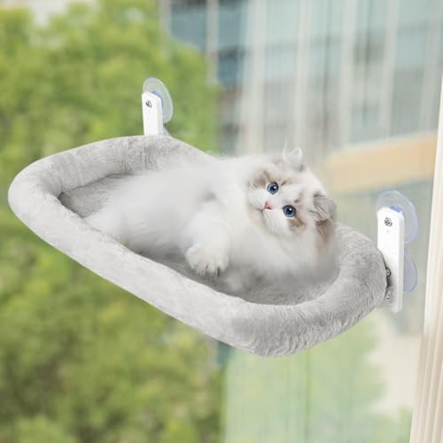 KoolYouth Katzen fensterliege mit starken Saugnäpfen 60x30 cm, Klappbare Fensterliege für Katzen, bis 18 kg belastbar, abnehmbare Katzenhängematte für Glasfenster und Fensterbank, Grau von KoolYouth