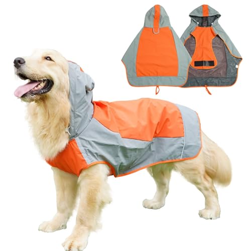 Regenmantel Hund Wasserdicht, Verstellbarer Regenjacke Hund mit Reflexstreifen und Kapuze, Hunderegenmantel für Outdoor Wandern, Regencape Hunde für Kleine, Mittelgroße und Große Hunde (Orange, L) von KoolYouth