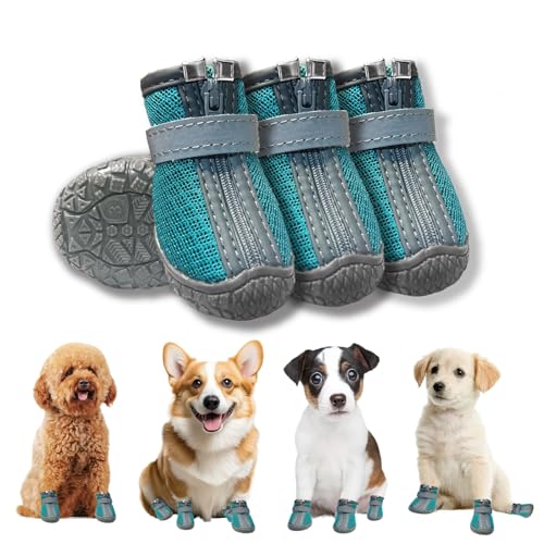 Hundeschuhe Pfotenschutz, 4 Stück Breathable Hundestiefel mit Reflektierendem Klettverschluss, Hunde Schuhe, Verstellbarer Pfotenschutz Hund für Kleine Mittlere Große Hunde (Blau, 1) von KoolYouth