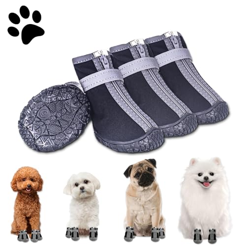 Hundeschuhe Pfotenschutz Outdoor, 4 Stück Wasserdicht Hunde Schuhe mit Reflektierendem Klettverschluss, Verstellbarer Hundestiefel für Kleine Mittlere Große Hunde (Schwarz-Wasserdicht, 1) Hundeschuhe Pfotenschutz Outdoor, 4 Stück Wasserdicht Hunde Schuhe mit Reflektierendem Klettverschluss, Verstellbarer Hundestiefel für Kleine Mittlere Große Hunde (Schwarz-Wasserdicht, 1) von KoolYouth