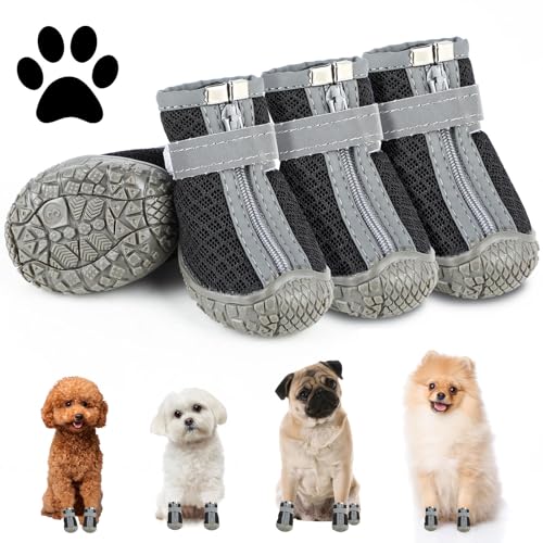 Hundeschuhe Pfotenschutz Outdoor, 4 Stück Hunde Schuhe mit Reflektierendem Klettverschluss, atmungsaktive Hundestiefel, Verstellbarer Pfotenschutz Hund für Kleine und Mittlere Hunde (Schwarz, 2) von KoolYouth