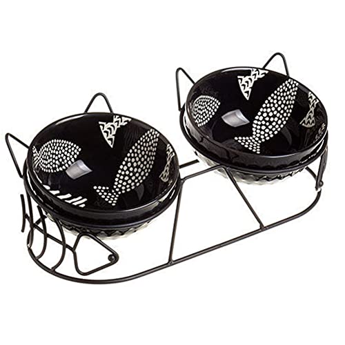 Koomiao 2 Keramikschüsseln mit Metallständer, erhöhter Futternapf, Katze, um 15 ° neigbar, Futter- und Wasserschüssel für Katzen und kleine Hunde, mit Hals-Schutz (Schwarz – Schwarz) von Koomiao