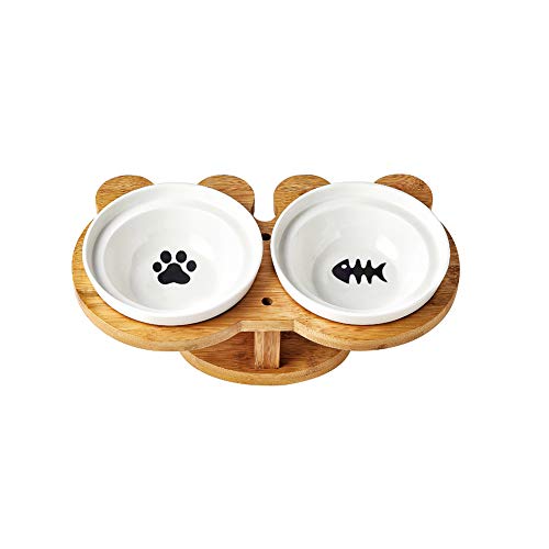 Koomiao 2×Keramik Futternapf Katze mit erhöhter Halterung Katzennäpfe Keramik mit Holzunterstützung Für Katzen Jeden Alters und Welpen (A) von Koomiao