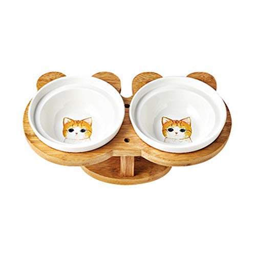 Koomiao 2×Keramik Futternapf Katze mit erhöhter Halterung Katzennäpfe Keramik mit Holzunterstützung Für Katzen Jeden Alters und Welpen (C) von Koomiao