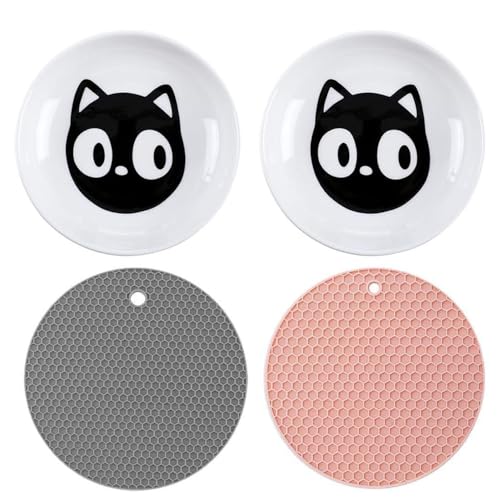 Koomuao 2 flache Futternäpfe für Katzen, Katzennapf aus Keramik mit rutschfester Matte, groß, flach, für Trocken- und Nassfutter, Reliefs Schnurrbärte, Müdigkeit (A) von Koomuao
