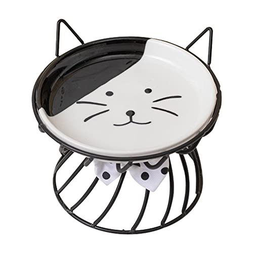Koomuao Erhöhter Futternapf für Katzen, Katze, mit Halterung aus Metall, flach, Kätzchen, Keramik, für Futter und Wasser, erhältlich für Katzen und Welpen (schwarz) von Koomuao