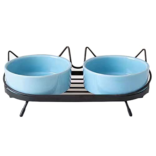 Koomuao Katzennäpfe,Futternapf Katze,Doppelte Keramik Tiernäpfe mit Metall Halter Nackenschutz für Futter und Wasser, perfekt für Welpen, Katzen und kleine Hunde (Blau+Schwarz) von Koomuao