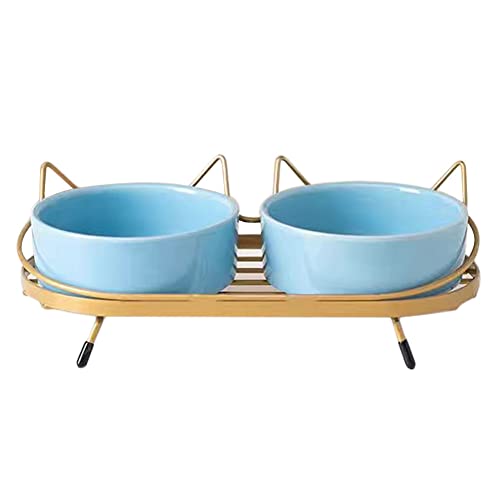 Koomuao Katzennäpfe,Futternapf Katze,Doppelte Keramik Tiernäpfe mit Metall Halter Nackenschutz für Futter und Wasser, perfekt für Welpen, Katzen und kleine Hunde (Blau + Gold) von Koomuao