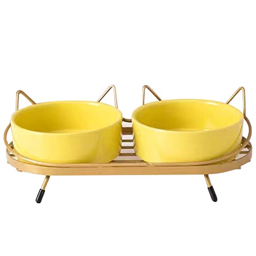 Koomuao Katzennäpfe,Futternapf Katze,Doppelte Keramik Tiernäpfe mit Metall Halter Nackenschutz für Futter und Wasser, perfekt für Welpen, Katzen und kleine Hunde (Gelb + Gold) von Koomuao