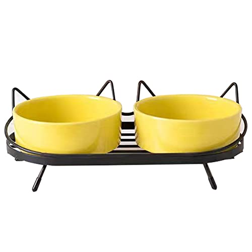 Koomuao Katzennäpfe,Futternapf Katze,Doppelte Keramik Tiernäpfe mit Metall Halter Nackenschutz für Futter und Wasser, perfekt für Welpen, Katzen und kleine Hunde (Gelb + Schwarz) von Koomuao