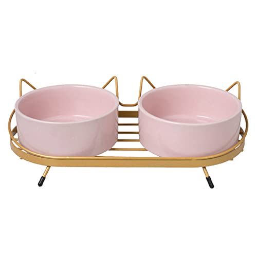 Koomuao Katzennäpfe,Futternapf Katze,Doppelte Keramik Tiernäpfe mit Metall Halter Nackenschutz für Futter und Wasser, perfekt für Welpen, Katzen und kleine Hunde (Rosa + Gold) von Koomuao