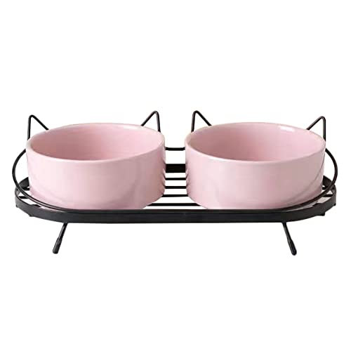 Koomuao Katzennäpfe,Futternapf Katze,Doppelte Keramik Tiernäpfe mit Metall Halter Nackenschutz für Futter und Wasser, perfekt für Welpen, Katzen und kleine Hunde (Rosa + Schwarz) von Koomuao