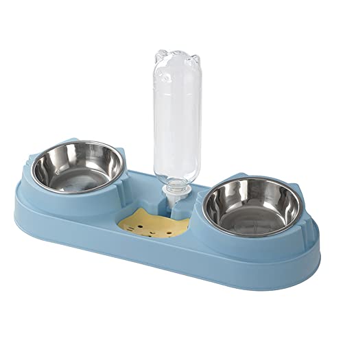 Koomuao Katzennapf mit Wasserspender Katzennapf-Set,Futternapf Katze, 15°Neigbar Doppelnapf für Katzen, Futternapf 3er Set mit Automatischer Wasserflasche, für Katzen und Kleine Hunde (Blau-A) von Koomuao