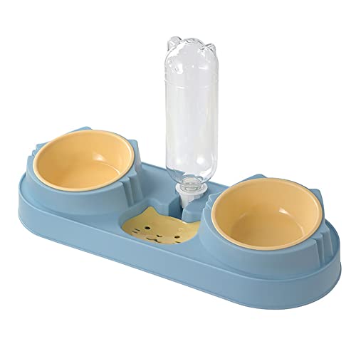 Koomuao Katzennapf mit Wasserspender Katzennapf-Set,Futternapf Katze, 15°Neigbar Doppelnapf für Katzen, Futternapf 3er Set mit Automatischer Wasserflasche, für Katzen und Kleine Hunde (Blau-B) von Koomuao