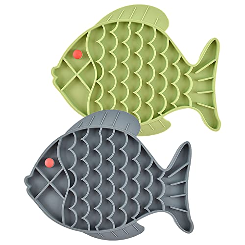 Koomuao Leckmatte für Hunde, 2 Stück, Leckmatte für Hunde mit Saugnapf, Fischform, Leckmatte für Hunde, langsames Fressen, Silikon, für Bad, Training (Grün, Grau) von Koomuao