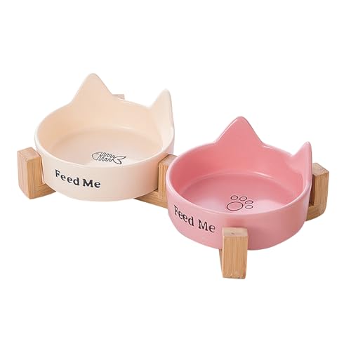 Liemuao Katzennapf Erhöht, Katzennäpfe Keramik mit Ständer, Futternapf Katze, Hoher Katzenschüssel Anti Erbrechen, für Katzen Hunde Welpe Futter und Wass (Beige+Rosa) von Koomuao