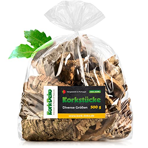 Korkstücke | Korkrinde | gereinigt & desinfiziert (Bruchstücke der Rinde der Korkeiche) 500g-Beutel. Für Nager, Vögel, Terrarium, Hobby und Basteln (Modellbau, Deko, Blumen, Gestecken) von Kork-Deko