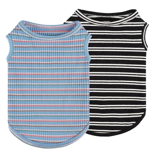Hunde-Shirts für kleine Hunde, Mädchen und Jungen, gestreift, weich, dehnbar, Welpenkleidung, ärmellos, bunt, Sweatshirt, für kleine Welpen, Outfit für Chihuahua, Yorkie, Schwarz + Blau, Größe L, 2 von Kosiyi