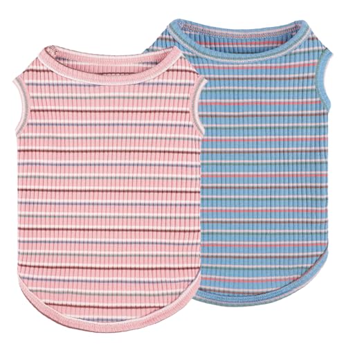Hunde-Shirts für kleine Hunde, Mädchen und Jungen, gestreift, weich, dehnbar, für Welpen, ärmellos, bunt, Sweatshirt, für kleine Welpen, Outfit für Chihuahua, Yorkie, Rosa + Blau, Größe M, 2 Stück von Kosiyi