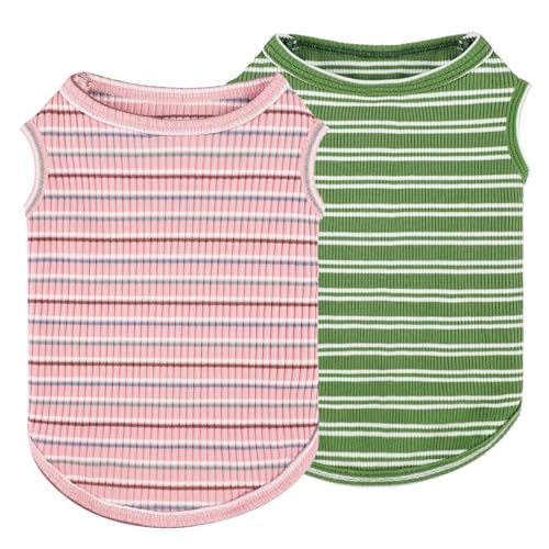Hunde-Shirts für kleine Hunde, Mädchen und Jungen, gestreift, weich, dehnbar, für Welpen, ärmellos, bunt, Sweatshirt, für kleine Welpen, Outfit für Chihuahua, Yorkie, Rosa + Grün, Größe XS, 2er-Pack von Kosiyi