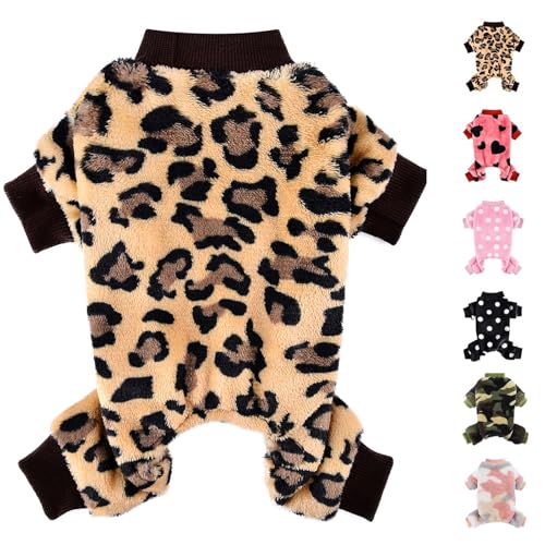 Hundepullover, Hunde-Pyjama für kleine Hunde, superweich, warm, für kleine Welpen, niedlicher Haustierkleidung, Hunde-Jumpsuits, Fleece-Einteiler, Outfits für Chihuahua, Yorkie, Leopard, Größe S von Kosiyi