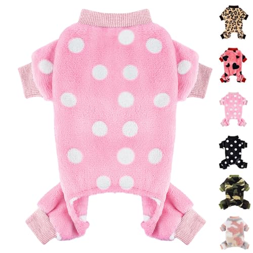Hundepullover, Hunde-Pyjama für kleine Hunde, superweich, warm, für kleine Welpen, niedlicher Haustierkleidung, Hunde-Jumpsuits, Fleece-Einteiler, Outfits für Chihuahua, Yorkie, Rosa gepunktet, Größe von Kosiyi