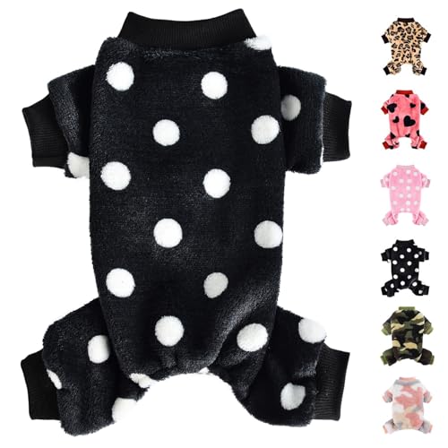 Hundepullover, Hunde-Pyjama für kleine Hunde, superweich, warm, für kleine Welpen, niedlicher Haustierkleidung, Hunde-Jumpsuits, Fleece-Einteiler, Outfits für Chihuahua, Yorkie, Schwarz gepunktet von Kosiyi