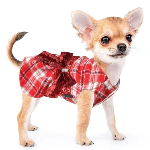 Hundepulloverkleid für kleine Hunde Mädchen Herbst & Winter Rock Hunde Kleidung Prinzessin Gaze Kleid, Haustier Kleidung Urlaub Festival Welpen Outfits Haustier Bekleidung (Medium (5-7 kg), Rot Plaid) von Kosiyi