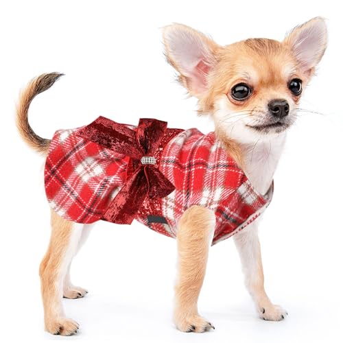 Hundepullover für kleine Hunde, Mädchen, Jungen, Prinzessin, kariert, Weihnachten, Welpenpullover, Kleid, Winter, Haustierkleidung, Urlaub, Festival, Outfits, Bekleidung, Größe M, rotes Karo, 4,5–6,8 von Kosiyi
