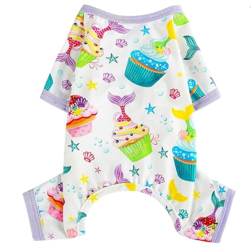 Hundepyjama für kleine Hunde Mädchen Junge Welpe Pjs Jammies 4 Beine Hundekleidung für Chihuahua Yorkie Sommer Einteiler Kleidung für Haustier Hunde männlich weiblich (X-Large, lila Kuchen) von Kosiyi