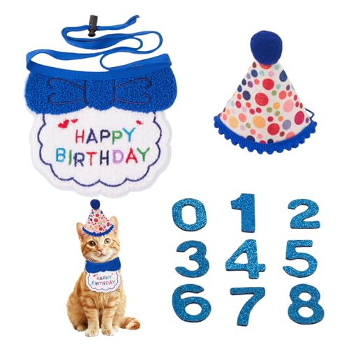 Kotkiddy 2 STK Katzen Geburtstagsparty Bestückung, Blauer Junge Katze Kätzchen Geburtstags Halstuch Hut Zahlen Haustier Geburtstagsdeko Outfits Kotkiddy 2 STK Katzen Geburtstagsparty Bestückung, Blauer Junge Katze Kätzchen Geburtstags Halstuch Hut Zahlen Haustier Geburtstagsdeko Outfits von Kotkiddy