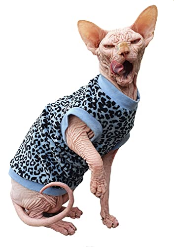 Kotomoda Hairless Cat's Cotton Stretch T-Shirt Blue Leopard Organic Velours fьr Sphynx Cat (groя) von Kotomoda