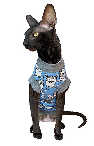 Kotomoda Katzen T-Shirt Zarte Eule blau für Sphynx und nackte Katzen (S) von Kotomoda