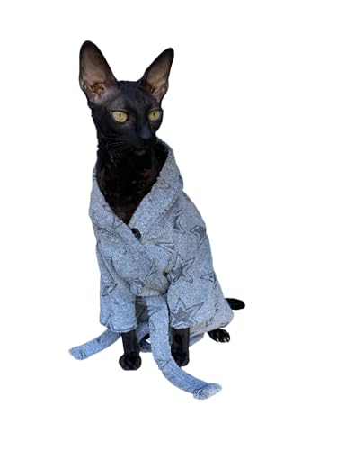 Kotomoda Katzenbademantel mit grauen Sternen für Sphynx und nackte Katzen, Größe XS, Grau Kotomoda Katzenbademantel mit grauen Sternen für Sphynx und nackte Katzen, Größe XS, Grau von Kotomoda
