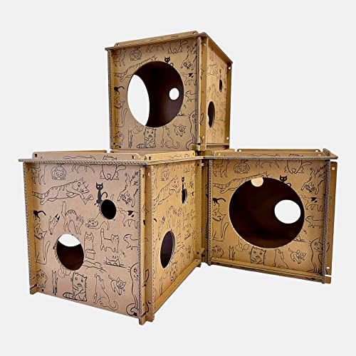 Premium Katzenhaus aus recyclebaren Pappwürfeln mit Kratzplatte und Stanzen Katzenminze (4-Würfel) von Kotomoda
