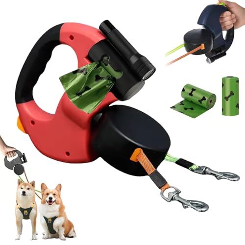 Verlängerbare Hundeleine mit LED-Beleuchtung & Kotbeutelhalter mit Kotbeutel, bis 10Fuß Länge, für mittelgroße Hunde, Doppelleine für 2 Hunde, 360° Verhedderungsfreier Leinenverlängerung (Rot) von Kouamor