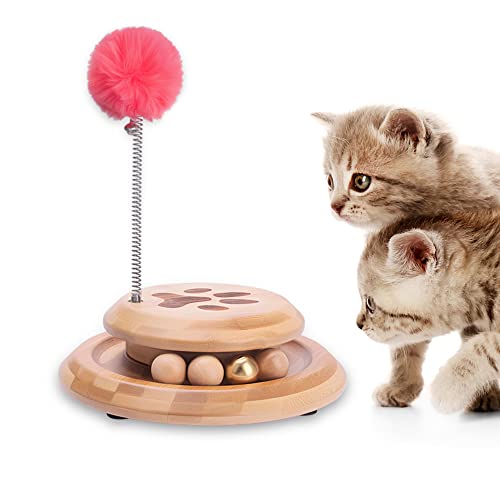 Interaktives Bambus-Katzenspielzeug für Indoor-Katzen, 2 Schichten, stabiles Kätzchen-Spielzeug mit rollendem Ball, 3 bewegliche Bälle, 1 Glocken-Set, lustiges Spielzeug ist ideal für Katzen und von Kousuikusa