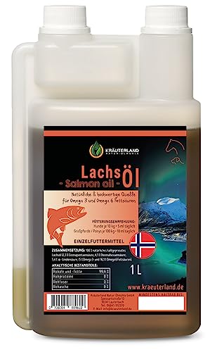 Kräuterland Lachsöl für Tiere - 1L Fischöl aus skandinavischem Lachs, rein, naturbelassen - reich an Omega 3 Fettsäuren- Premiumqualität für Pferd, Hund, Katze von KRÄUTERLAND N A T U R - Ö L M Ü H L E