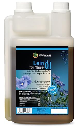 Kräuterland Leinöl für Pferde, Hunde & Katzen 1Liter - Leinsamenöl 100% rein, kaltgepresst, in 1l Dosierflasche - Natives Barf Öl in Premium Qualität von KRÄUTERLAND N A T U R - Ö L M Ü H L E