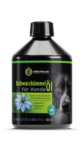 Kräuterland Schwarzkümmelöl für Hunde 500ml - kaltgepresst, ungefiltert, nativ - Schwarzkümmel Öl zur Fütterung & Fellpflege - Barf Öl in Premium Qualität von KRÄUTERLAND N A T U R - Ö L M Ü H L E