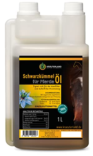 Kräuterland Schwarzkümmelöl für Pferde & Hunde 1 Liter in Dosierflasche - 100% rein, kaltgepresst, ungefiltert - Deutsche Premium Qualität von KRÄUTERLAND N A T U R - Ö L M Ü H L E