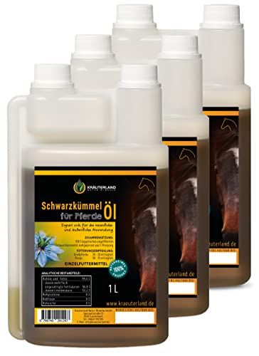 Kräuterland Schwarzkümmelöl für Pferde & Hunde 3 Liter in Dosierflasche (3x 1Liter) - 100% rein, kaltgepresst, ungefiltert - Deutsche Premium Qualität von KRÄUTERLAND N A T U R - Ö L M Ü H L E