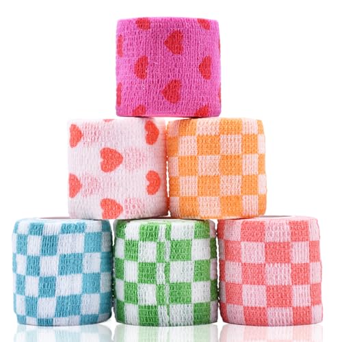 Kreyfer - 6 Rollen mit 5,1 cm x 4,5 m kohäsiven Haustierbandagen mit Karomuster und Herzdruck für Hunde und Katzen in B von Kreyfer