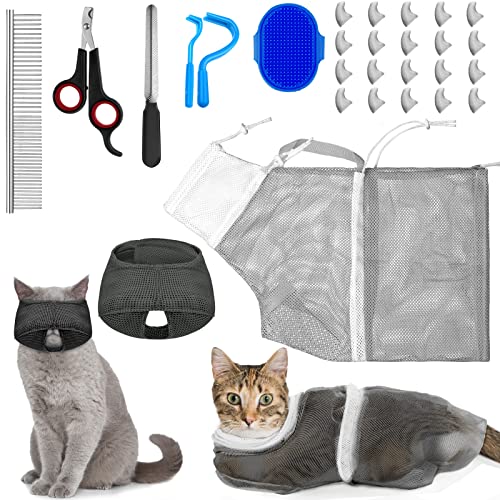 Kritkin 9-teiliges Katzen-Badetaschen-Set, Katzen-Duschtasche, Anti-Biss und Kratzer für Haustierpflege, Waschbürste, Kamm, Maulkorb, Nagelknipser, Nagelfeile, Zeckenwerkzeug (blau, grau) von Kritkin