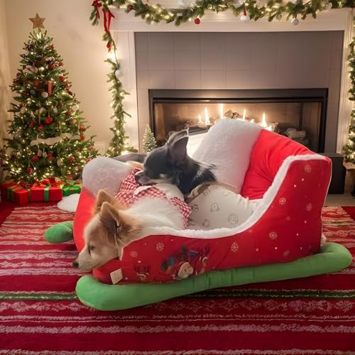 Krmoau Haustier-Schlittenbett, Interessantes Rotes Weihnachts-Katzen-Hundebett, Weiches Und Bequemes Katzenbett Mit Plüsch-Synthetik, Weihnachtliches Haustierbett Für Erholsamen Schlaf Und Entspannung von Krmoau