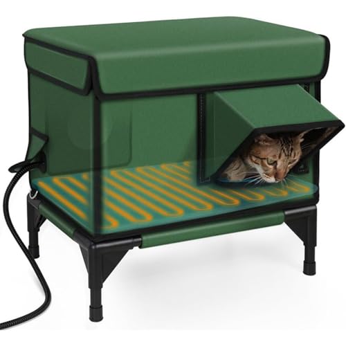 Katzenhaus beheizt, wetterfest, mit 9-Temp-Einstellungen, faltbarer Outdoor-Unterstand, kaufeste Verkabelung, 900D-PVC-Abdeckung für alle Jahreszeiten, Grün, 66,5 x 41,5 x 30,5 cm von Ksaipx