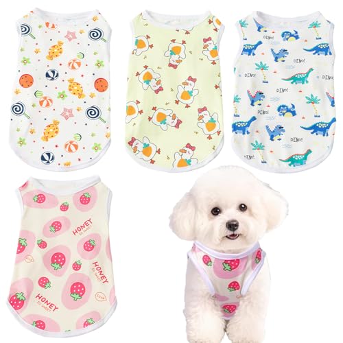 Ärmellose Hemden für kleine Hunde, atmungsaktiv, ärmellos, für Hunde, niedlich, bedruckte Welpen-T-Shirts für den Sommer, leichte Haustierkleidung für drinnen und draußen, Erdbeer-Dinosaurier, Größe S von Ksheria