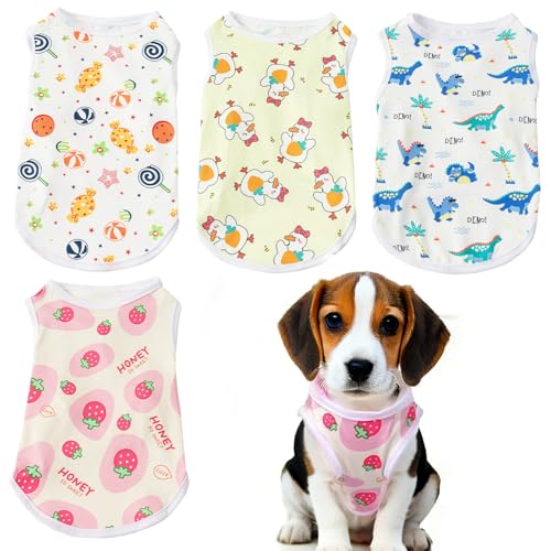 Ärmellose Hemden für kleine Hunde, atmungsaktiv, ärmellos, für den Sommer, leichte Haustierkleidung für drinnen und draußen, Erdbeer-Dinosaurier, Größe L, 4 Stück von Ksheria